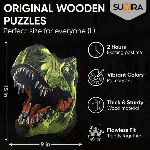 Suvira Animal Wooden Puzzle - Engaging, Educational, and Eco-Friendly T-rex Dino - Picture 3 of 8